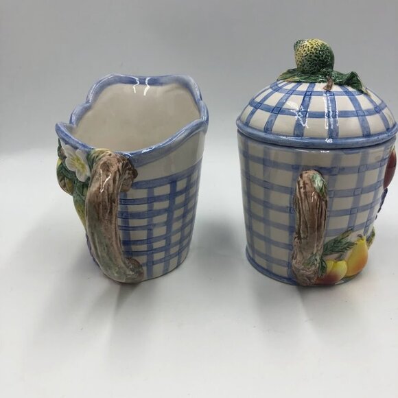 Vintage 1994 Omnibus China Sugar and Creamer Set Checkered Fruit Theme - Picture 11 of 15